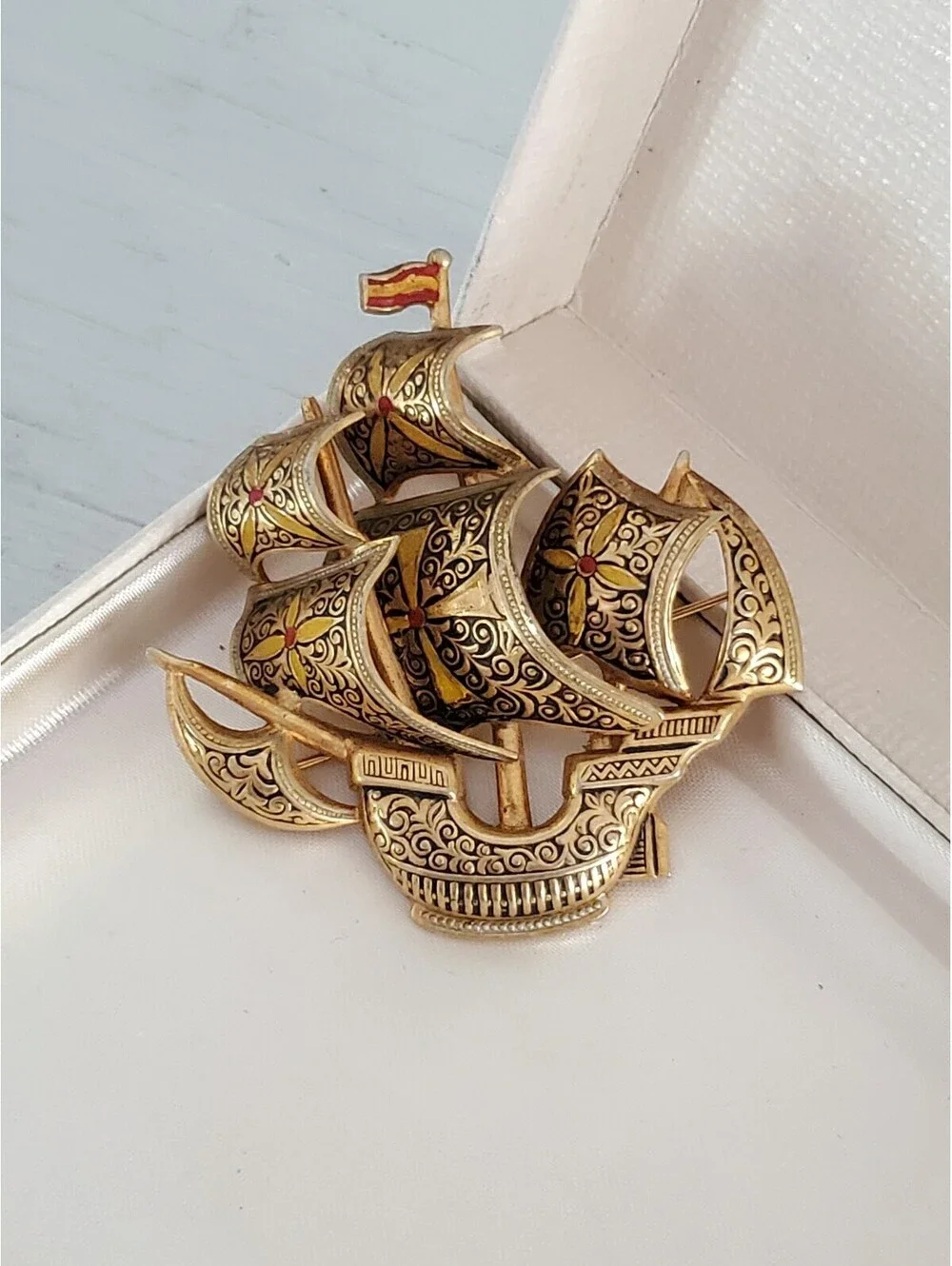 Vintage Spanish Damascene Sailor's Ship Brooch Pin